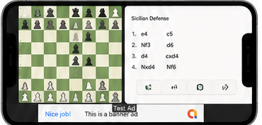 Landscape app screen with a chess board and banner ad.