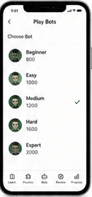 Bot selection screen with beginner through expert bots.