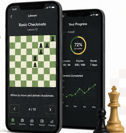 Two Chess Lessons for Everyone app screens with chess pieces.